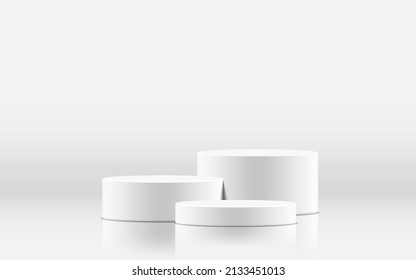 Realistic white blank product podium 3 step scene isolated on white background. cylinder mock up scene. Stack of geometric round shape for product branding. 3d vector illustration background