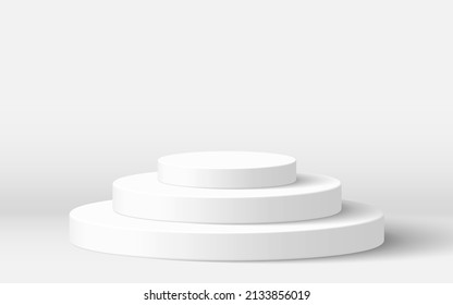 Realistic white blank product podium 3 step scene isolated on white background. cylinder mock up scene. Stack of geometric round shape for product branding. 3d vector illustration background