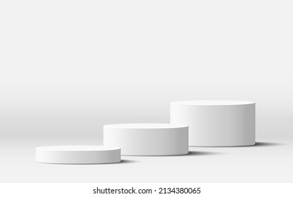 Podio de producto blanco real en blanco, escena de 3 pasos aislado en fondo blanco. el cilindro se burla de la escena. Pila de forma redonda geométrica para la marca de productos. 3.ᵉʳ fondo de ilustración vectorial