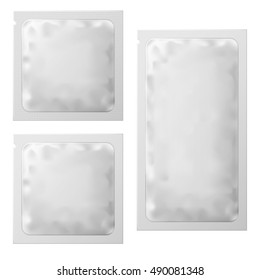 Realistic White Blank sachet template Packaging. Condom Or Foil wet wipes Pouch Medicine packet. wet wipes Vector illustration. 