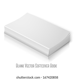 Realistic white blank softcover book. Isolated on white background with soft reflection for your design or branding. Vector 