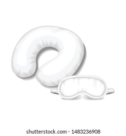 Realistic White Blank Travel Pillow  For Neck And Sleeping Mask. Empty Template Mockup Set. Vector Illustration On White Background For Your Desogn