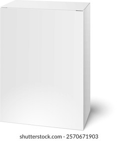 Realistic white blank vertical closed box mockup casting shadow on white background, ideal for product packaging presentation or branding design