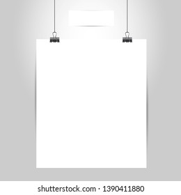 Realistic white blank, vertical paper, poster hanging on a rope with binder clip with light, vector illustration with gray wall on the background