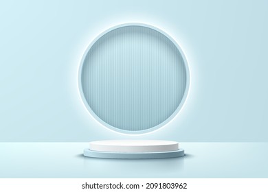 Realistic white and blue 3D cylinder pedestal podium with illuminate ring neon and stripes pattern in window. Minimal scene for product display presentation. Vector rendering geometric platform.