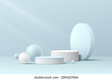 Realistic white and blue 3D cylinder pedestal podium set with geometric group and balls. Pastel minimal scene for products showcase, Promotion display. Vector abstract studio room platform design. 