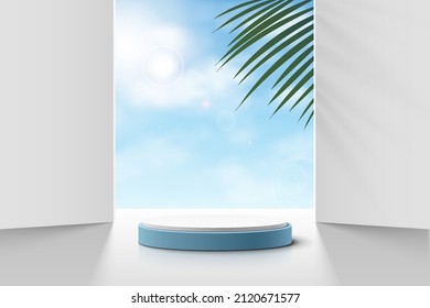 Realistic white and blue 3D cylinder pedestal podium with cloud blue sky and palm leaf. Vector abstract studio room geometric platform. Minimal scene for products stage showcase, Promotion display.