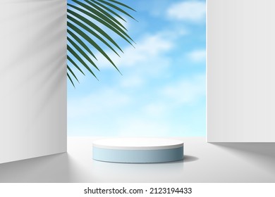 Realistic white and blue 3D cylinder pedestal podium with cloud blue sky and palm leaf. Vector abstract studio room geometric platform. Minimal scene for products stage showcase, Promotion display.