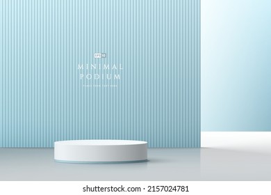 Realistic white and blue 3D cylinder pedestal podium with vertical lines texture wall scene. Minimal scene for mockup product display presentation. Vector rendering geometric forms. Stage for showcase