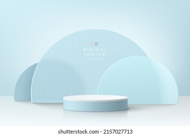 Realistic white and blue 3D cylinder pedestal podium with geometric semi circles blue scene. Minimal scene for mockup product display presentation. Vector rendering geometric forms. Stage for showcase