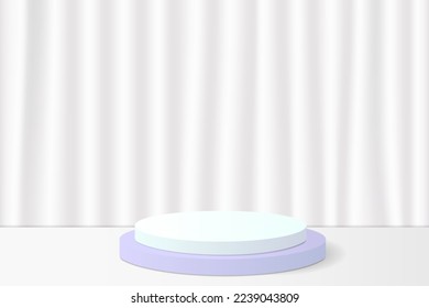 Realistic white and blue 3D cylindrical podium pedestal. Vector abstract with geometric shapes. Minimal wall stage for demonstration of product layouts, Advertising display.