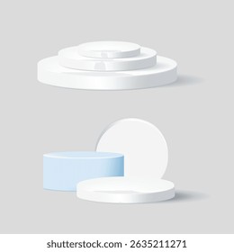 Realistic white and blue 3D round podium set on light grey background. Minimal scene with circular platforms and shadows for product display or presentation