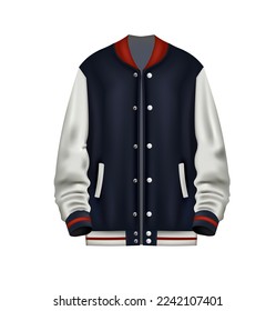 Realistic white and blue baseball jacket, vector	