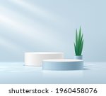 Realistic white and blue cylinder pedestal podiums. Window lighting. Plant pot and green leave. minimal scene. Abstract vector rendering 3d shape for product display presentation. Stage showcase.