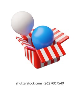 Realistic white and blue inflated balloons fly out from red stripes box. Festive American Independence day celebration 3d vector design element. Holiday party patriotic air balloon decoration