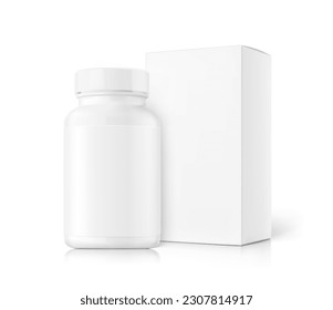 Realistic white bottle with box mockup set. Vector illustration isolated on white background. Can be used for medical, cosmetic, pharmacy, medicine, sport, food. EPS10.	