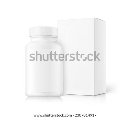 Realistic white bottle with box mockup set. Vector illustration isolated on white background. Can be used for medical, cosmetic, pharmacy, medicine, sport, food. EPS10.	