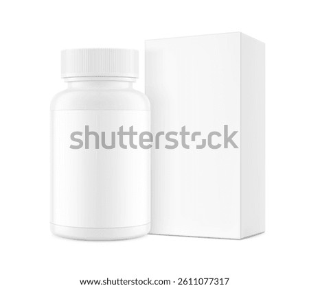 Realistic white bottle with box mockup set. Vector illustration isolated on white background. Can be used for medical, cosmetic, pharmacy, medicine, sport, food. EPS10.	