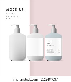 Realistic white bottle of liquid soap in white background. Cosmetic bottle for a cream, shampoo, oil, gel. Mock up. Design black label for container. Batcher. Cosmetic products