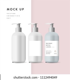 Realistic white bottle of liquid soap in white background. Cosmetic bottle for a cream, shampoo, oil, gel. Mock up. Design black label for container. Batcher. Cosmetic products