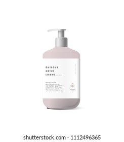 Realistic white bottle of liquid soap in white background. Cosmetic bottle for a cream, shampoo, oil, gel. Mock up. Design black label for container. Batcher. Cosmetic products