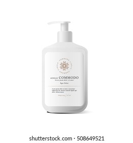 Realistic white bottle of liquid soap in white background. Cosmetic bottle for a cream, shampoo, oil, gel. Mock up. Design label for container. Batcher. Cosmetic products