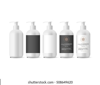 Realistic White Bottle Of Liquid Soap In White Background. Cosmetic Bottle For A Cream, Shampoo, Oil, Gel. Mock Up. Design Black Label For Container. Batcher. Cosmetic Products