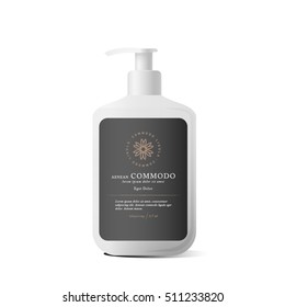 Realistic white bottle of liquid soap in white background. Cosmetic bottle for a cream, shampoo, oil, gel. Mock up. Design black label for container. Batcher. Cosmetic products
