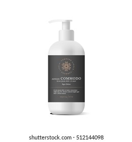 Realistic white bottle of liquid soap in white background. Cosmetic bottle for a cream, shampoo, oil, gel. Mock up. Design black label for container. Batcher. Cosmetic products
