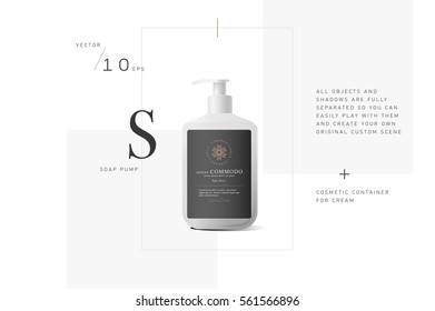 Realistic white bottle of liquid soap in white background. Cosmetic bottle for a cream, shampoo, oil, gel. Mock up. Design black label for container. Batcher. Cosmetic products
