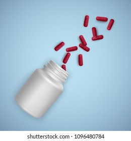 Realistic white bottle with Pills. Medical capsules container with capsules, tablets. 3d vector eps 10 illustration