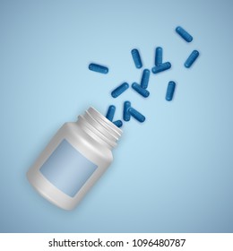 Realistic white bottle with Pills. Medical capsules container with capsules, tablets. 3d vector eps 10 illustration