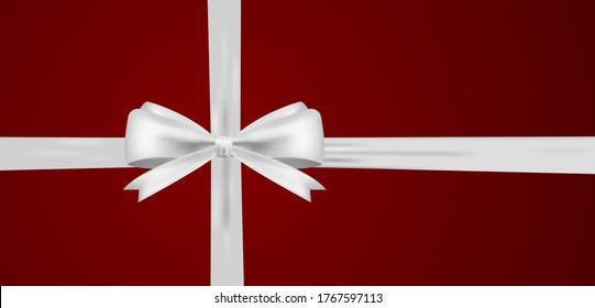 Realistic White bow and horizontal ribbon shiny satin for decoration gifts, greetings, holidays. Stock vector illustration isolated on red background.
