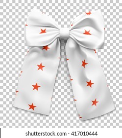 Realistic white bow with red stars on a transparent background. Vector illustration ready for your desing. It can be used to decorate the holidays, events, gifts, promotional, advertising, etc.