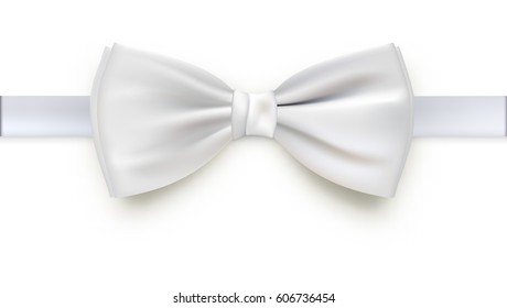 Realistic white bow tie, vector illustration, isolated on white background. Elegant silk neck bow.