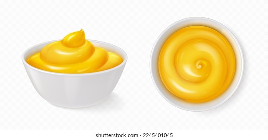 Realistic white bowl with dijon mustard or sweet honey isolated on transparent background. Vector illustration set of side and top view porcelain dish with spicy souce for dipping fast food snacks