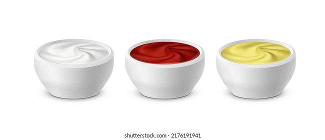 Realistic White Bowl With Mayonnaise, Ketchup And Mustard. EPS10 Vector