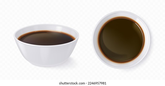 Cuenco blanco realista con salsa de soja o vinagre balsámico aislado en un fondo transparente. Ilustración vectorial conjunto de plato de porcelana vista lateral y superior con condimento de cocina china, condimento salado