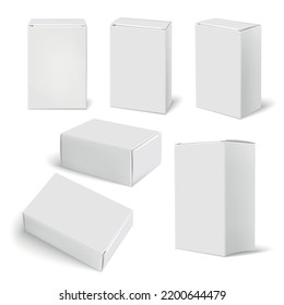 Realistic white box mockup set with isolated images of similar blank packaging boxes on blank background vector illustration