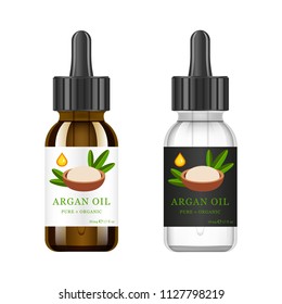 Realistic white and brown glass bottle with argan extract. Beauty and cosmetics oil - argan. Product label and logo template. Isolated vector illustration