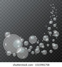 Realistic white bubbles on a transparent background. Vector illustration. Soap bubbles.
