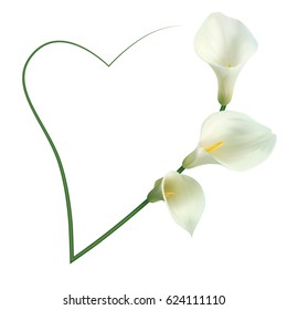 Realistic white calla lily romantic frame, heart. "Admire your beauty".