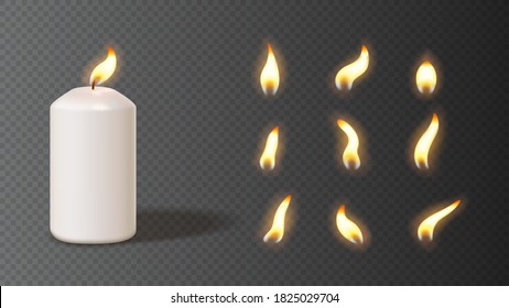 Realistic white candle with set of flames. Vector illustration with 3d burning white candle isolated on checkered background.