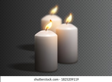 Realistic white candles isolated on checkered background. Vector illustration with 3d burning white candles isolated on checkered background.