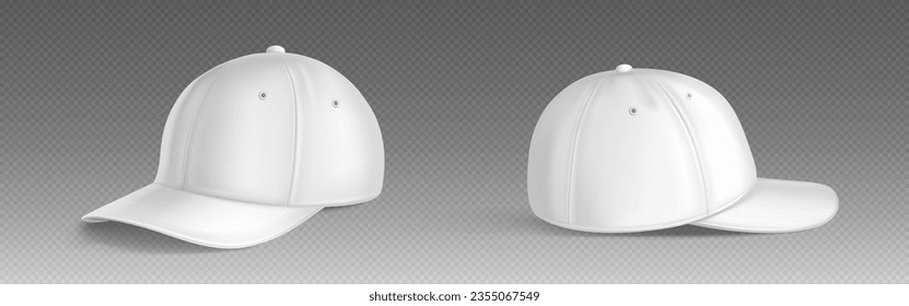 Realistic white cap front and side view isolated on transparent background. Vector illustration of baseball hat mockup, textile clothes for head with blank surface for branding, sportswear fashion