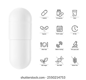 Cápsula blanca realista con maqueta de dos mitades e iconos de conjunto. Ilustración vectorial aislada sobre fondo blanco. Se puede utilizar para la nutrición médica, cosmética y deportiva. EPS10.