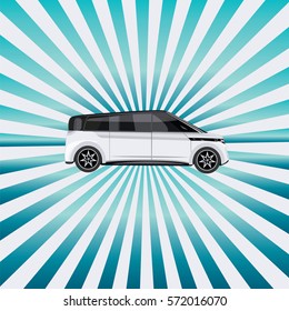 realistic white car isolated on the background of blue rays of the sun art creative modern vector illustration element for design