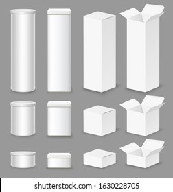 Realistic white cardboard box mockup set, vector isolated illustration. Open and closed round and rectangular containers in different sizes for food, medicine, cosmetic, other goods packaging.