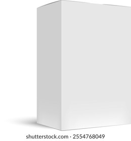 Realistic white cardboard box mockup casting a soft shadow on a clean white background, ideal for presenting packaging designs and enhancing brand visibility in marketing materials