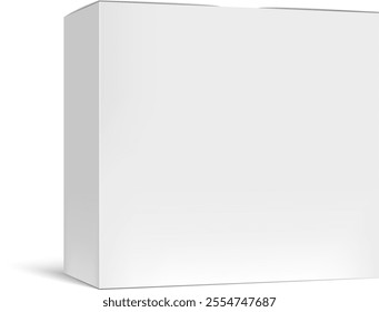 Realistic white cardboard box packaging mockup casting a soft shadow on a clean white background, ideal for presenting product designs and enhancing branding concepts
